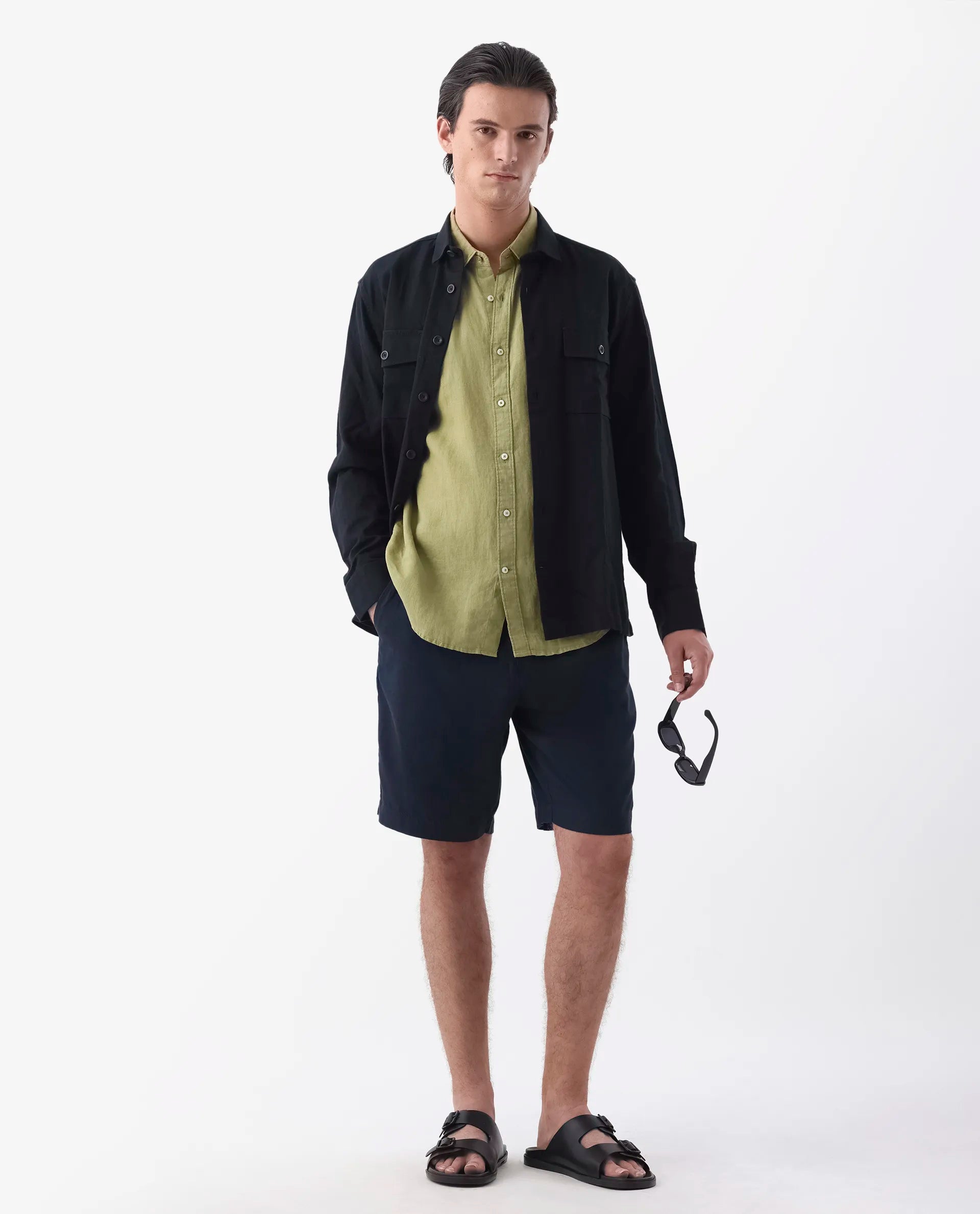 Rare Rabbit Men's Edam Navy Lyocell Cotton Linen Fabric Knee Length Relaxed Fit Solid Shorts