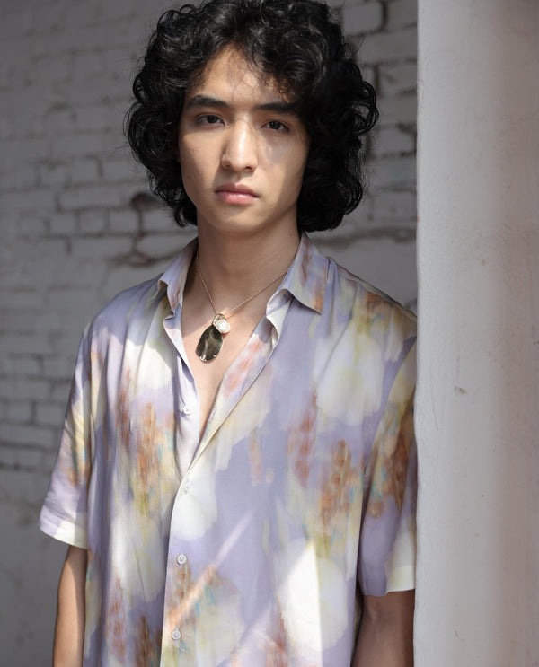 Rare Rabbit Mens Plushy SS Pastel Purple Viscose Fabric Short Sleeve Abstract Print Shirt