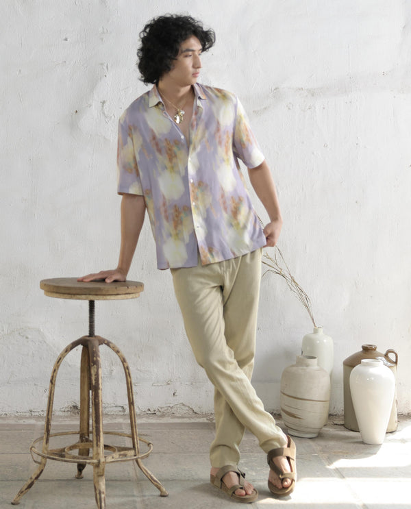 Rare Rabbit Mens Plushy SS Pastel Purple Viscose Fabric Short Sleeve Abstract Print Shirt