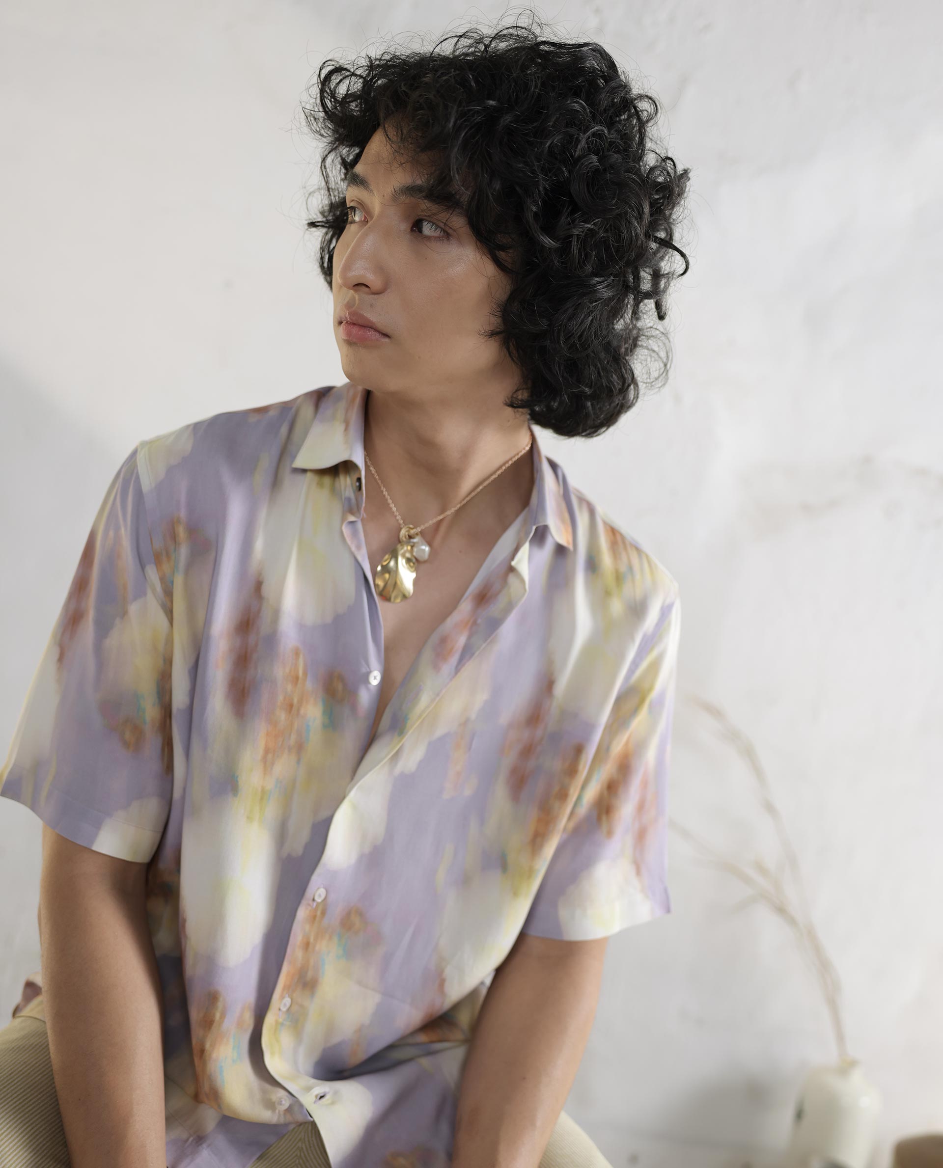 Rare Rabbit Mens Plushy SS Pastel Purple Viscose Fabric Short Sleeve Abstract Print Shirt