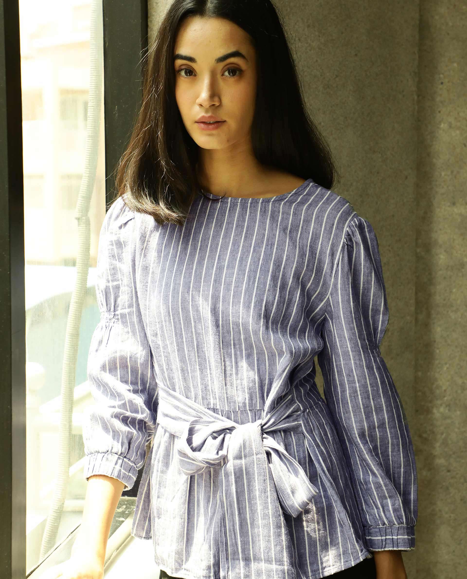Rareism Womens Livia Blue Top Cotton Linen Fabric Regular Fit Volume Sleeve Round Neck