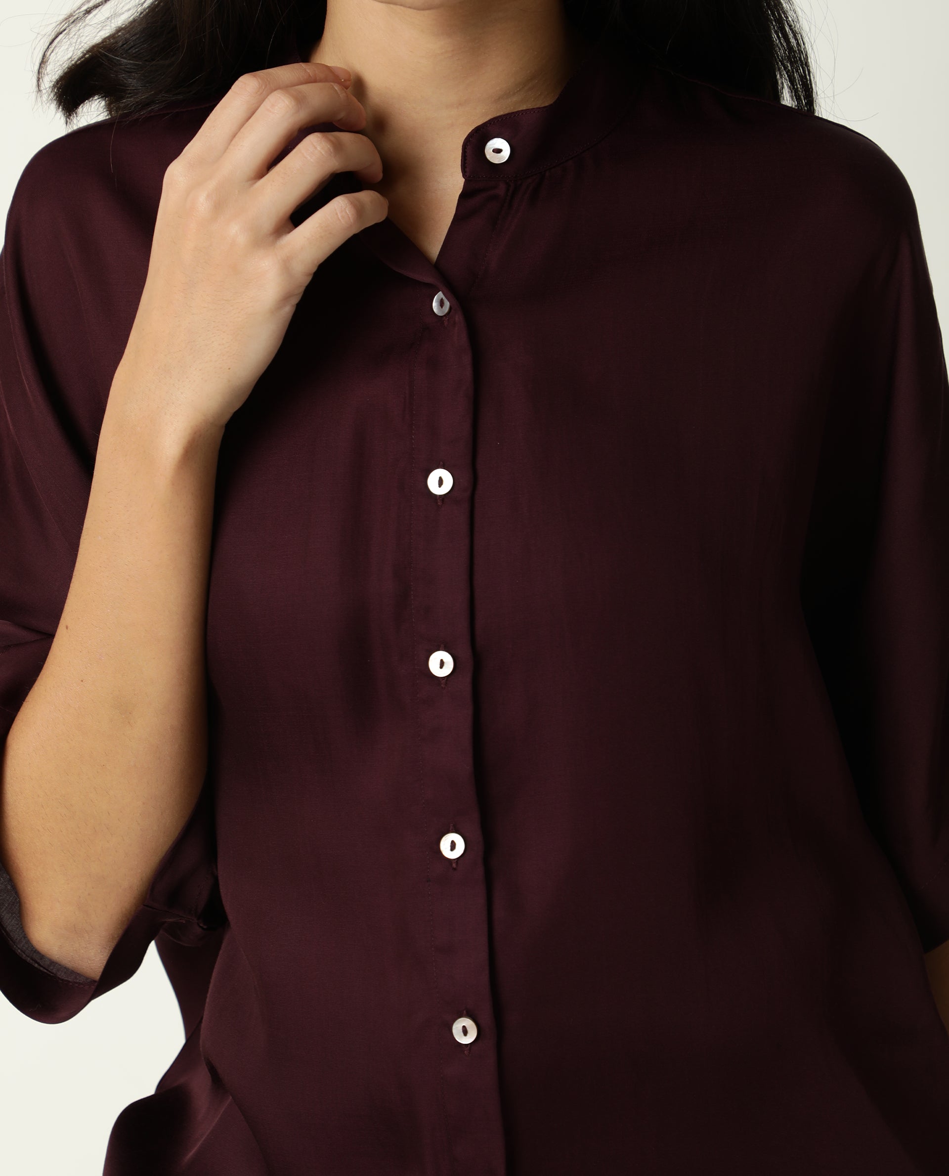 Rareism Women Paige Dark Maroon Modal Satin Fabric Slim Fit Collarless 3/4Th Sleeves Solid Top