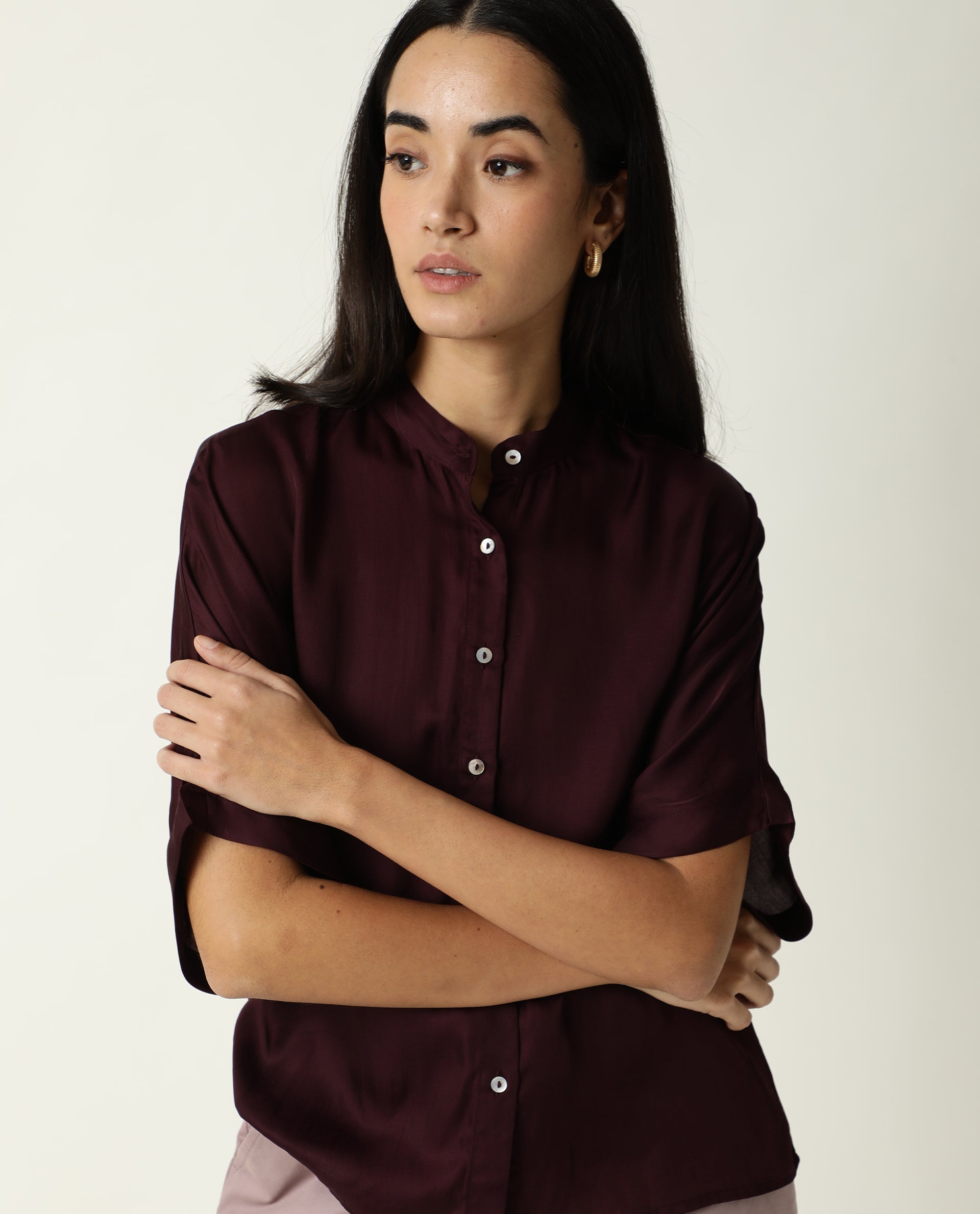 Rareism Women Paige Dark Maroon Modal Satin Fabric Slim Fit Collarless 3/4Th Sleeves Solid Top
