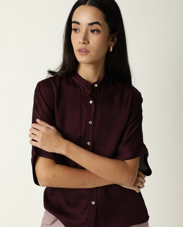 Rareism Women Paige Dark Maroon Modal Satin Fabric Slim Fit Collarless 3/4Th Sleeves Solid Top