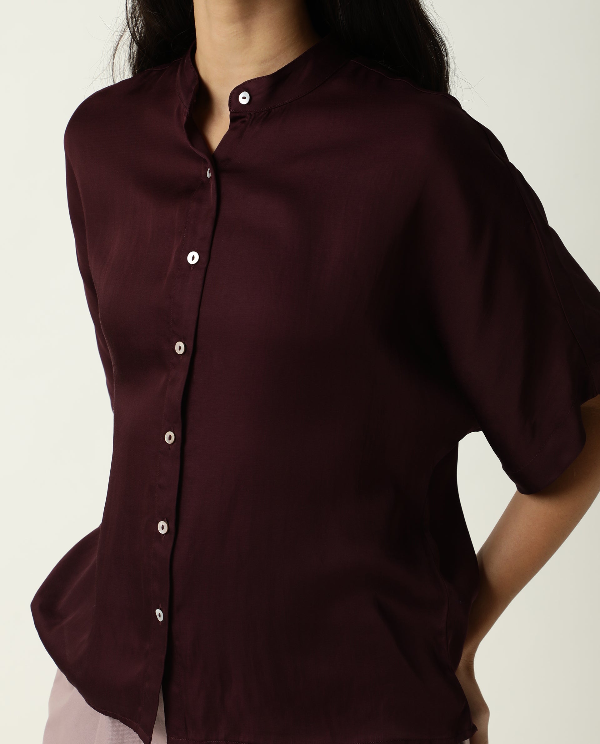 Rareism Women Paige Dark Maroon Modal Satin Fabric Slim Fit Collarless 3/4Th Sleeves Solid Top