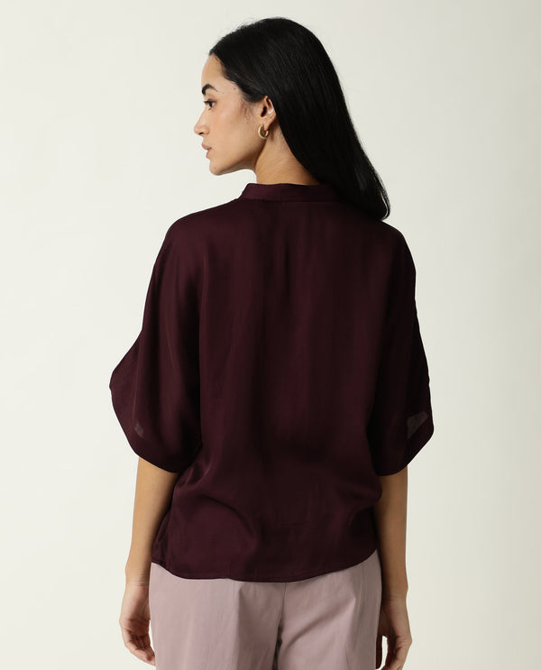 Rareism Women Paige Dark Maroon Modal Satin Fabric Slim Fit Collarless 3/4Th Sleeves Solid Top