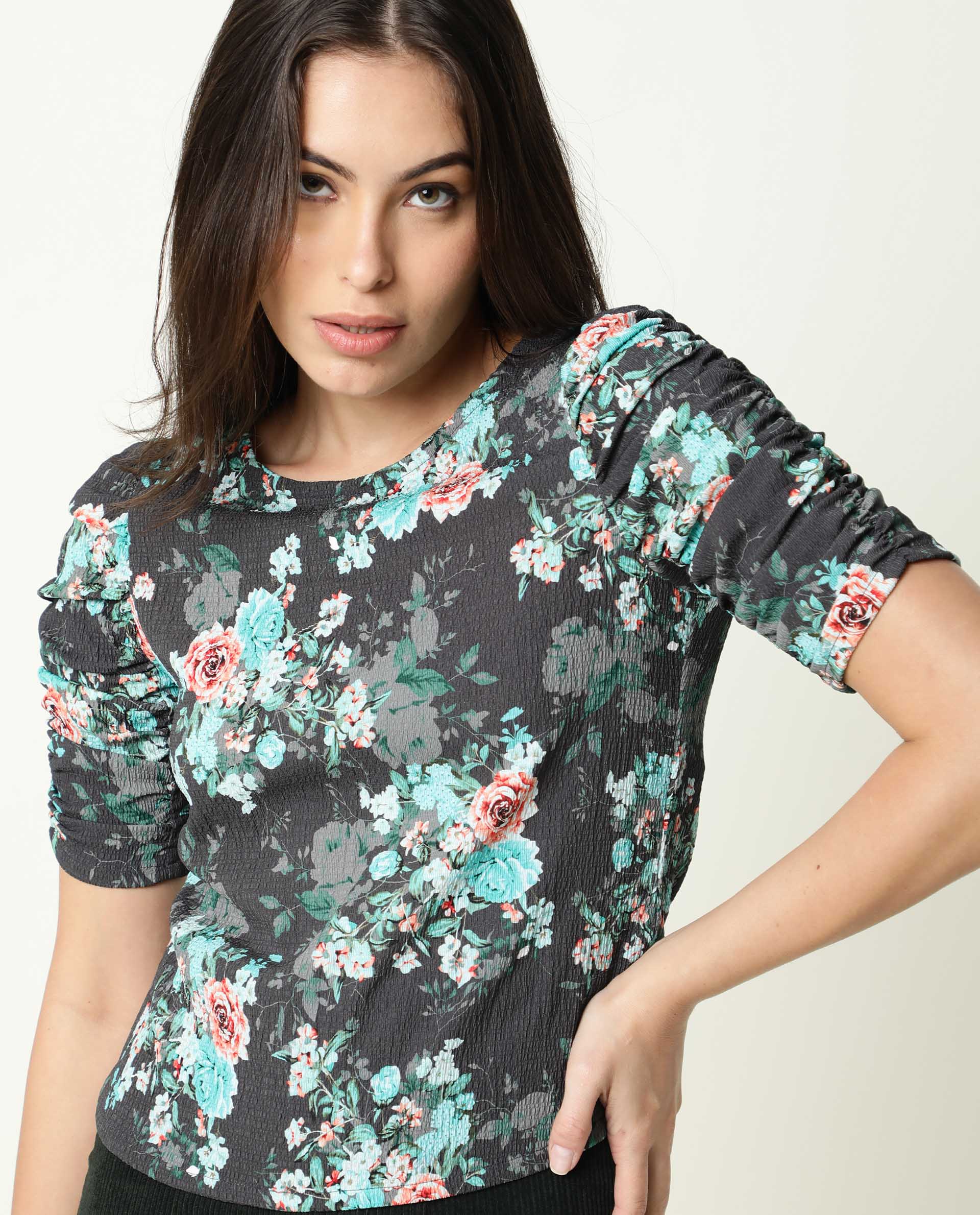 Rareism Womens Flake Grey Top Polycotton Fabric  3/4 Sleeve Round Neck