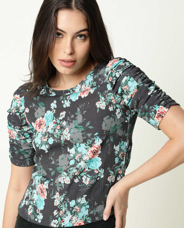 Rareism Womens Flake Grey Top Polycotton Fabric  3/4 Sleeve Round Neck