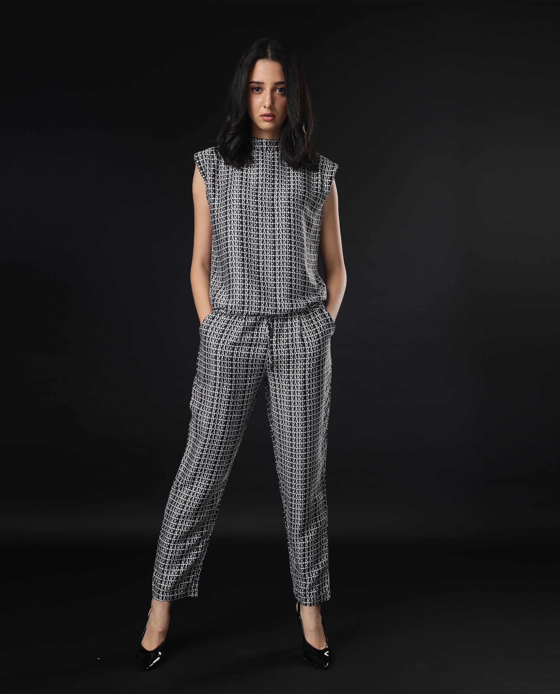 Rareism Womens Remont Black Top Modal Satin Fabric Regular Fit Sleeveless High Neck