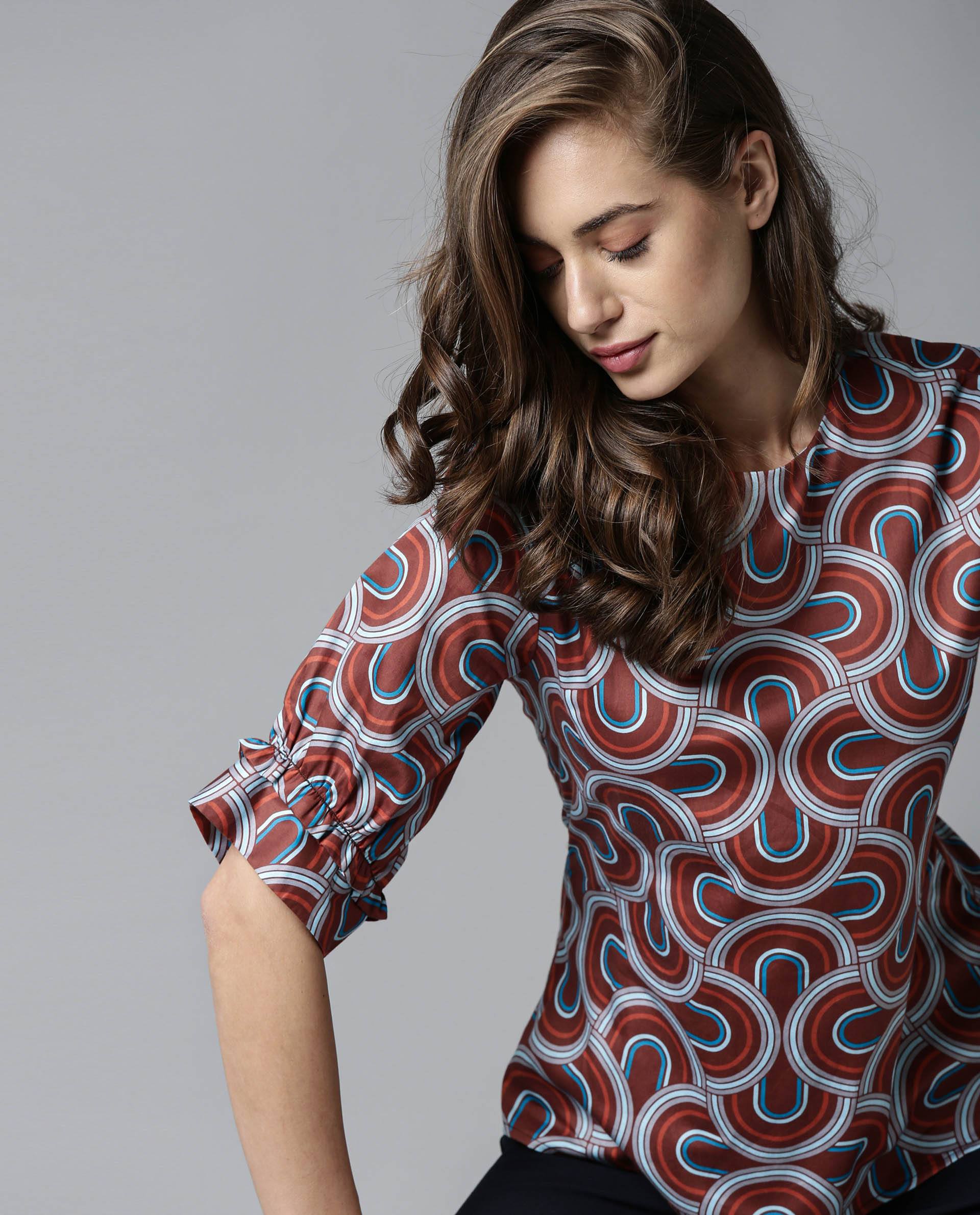 Rareism Women Jimmi Brown Cotton Fabric Regular Fit Round Neck Half Sleeves Print Top