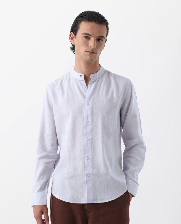 Rare Rabbit Men's Cinex Pastel Purple Full Sleeve Mandarin Collar Solid Linen Shirt