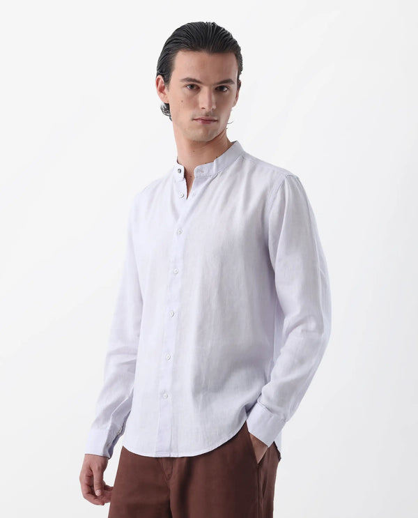 Rare Rabbit Men's Cinex Pastel Purple Full Sleeve Mandarin Collar Solid Linen Shirt
