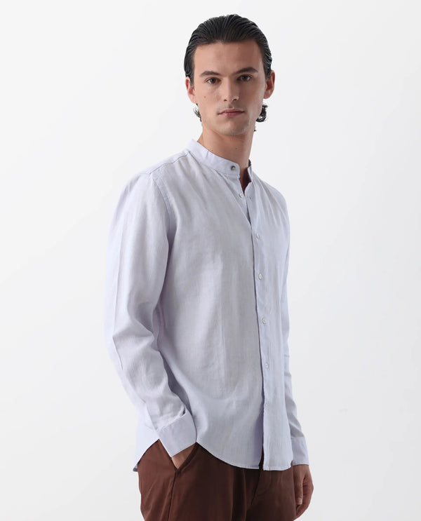 Rare Rabbit Men's Cinex Pastel Purple Full Sleeve Mandarin Collar Solid Linen Shirt