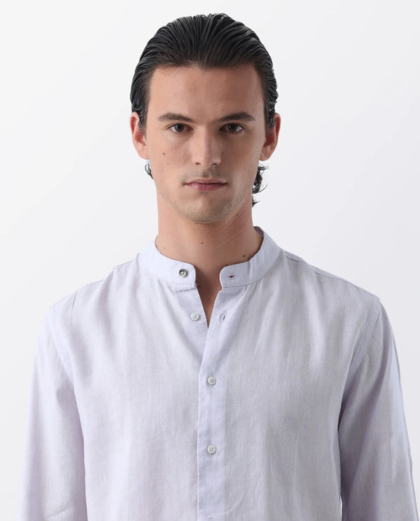 Rare Rabbit Men's Cinex Pastel Purple Full Sleeve Mandarin Collar Solid Linen Shirt