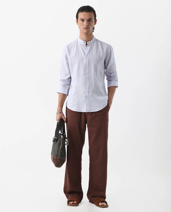 Rare Rabbit Men's Cinex Pastel Purple Full Sleeve Mandarin Collar Solid Linen Shirt