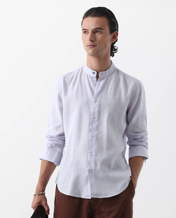 Rare Rabbit Men's Cinex Pastel Purple Full Sleeve Mandarin Collar Solid Linen Shirt