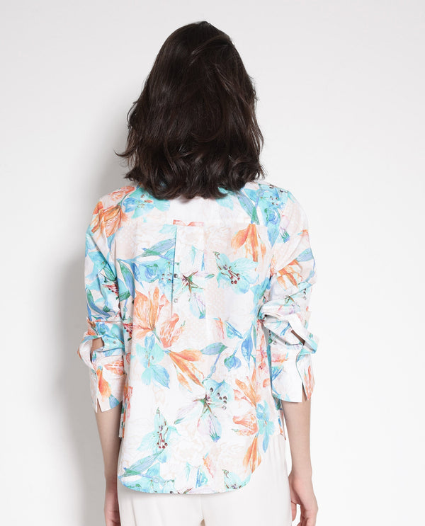 Rareism Women Abbi-SC Off White Cuffed Sleeve Collared Collar Button Relaxed Fit Floral Print Top
