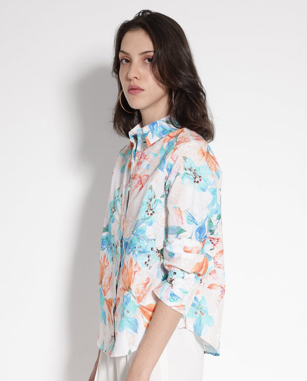 Rareism Women Abbi-SC Off White Cuffed Sleeve Collared Collar Button Relaxed Fit Floral Print Top