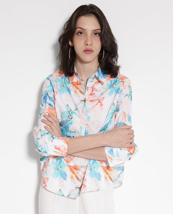 Rareism Women Abbi-SC Off White Cuffed Sleeve Collared Collar Button Relaxed Fit Floral Print Top