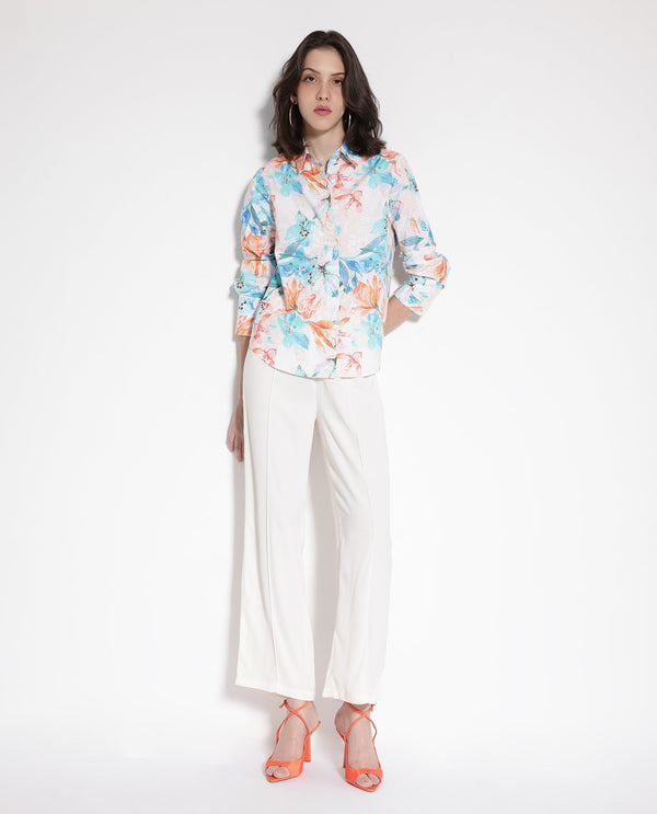 Rareism Women Abbi-SC Off White Cuffed Sleeve Collared Collar Button Relaxed Fit Floral Print Top