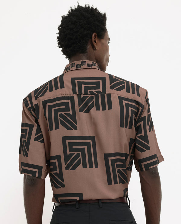 Rare Rabbit Men's Ade Brown Viscose Fabric Short Sleeve Boxy Fit Monogram Print Shirt