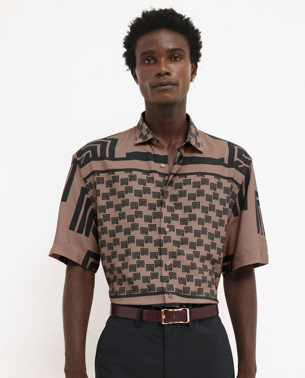 Rare Rabbit Men's Ade Brown Viscose Fabric Short Sleeve Boxy Fit Monogram Print Shirt