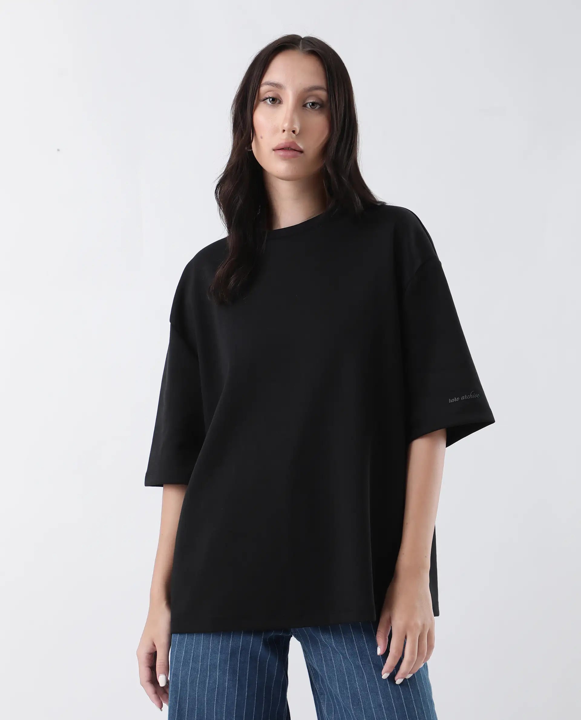 Rareism Women Afsko-T Black Cotton Poly Fabric Half Sleeve Crew Neck Relaxed Fit Plain T-Shirt