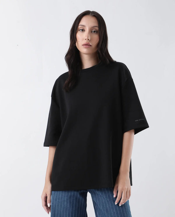 Rareism Women Afsko-T Black Cotton Poly Fabric Half Sleeve Crew Neck Relaxed Fit Plain T-Shirt