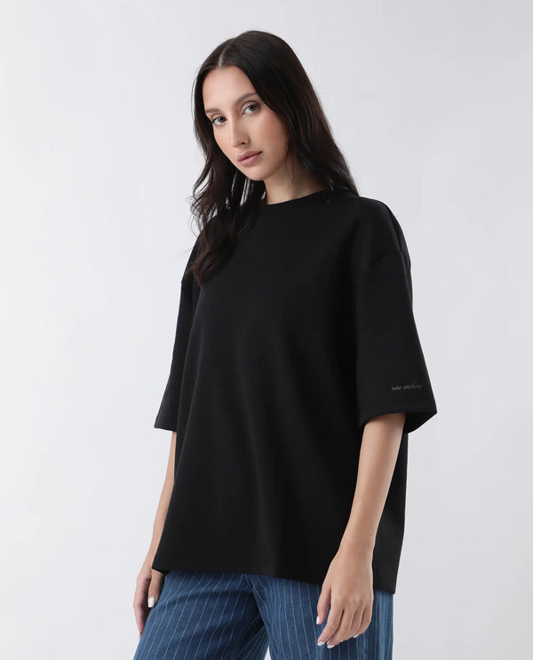 Rareism Women Afsko-T Black Cotton Poly Fabric Half Sleeve Crew Neck Relaxed Fit Plain T-Shirt