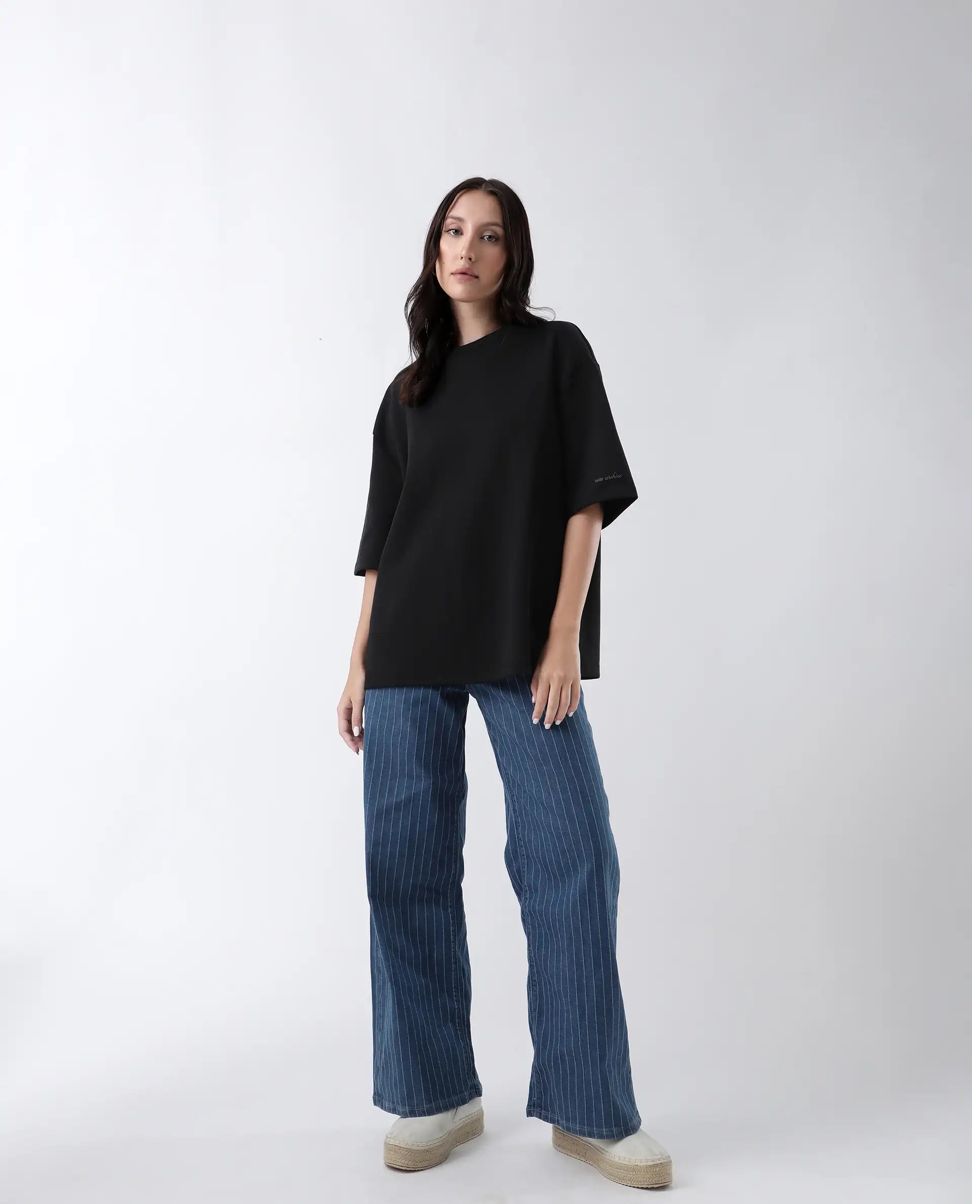 Rareism Women Afsko-T Black Cotton Poly Fabric Half Sleeve Crew Neck Relaxed Fit Plain T-Shirt