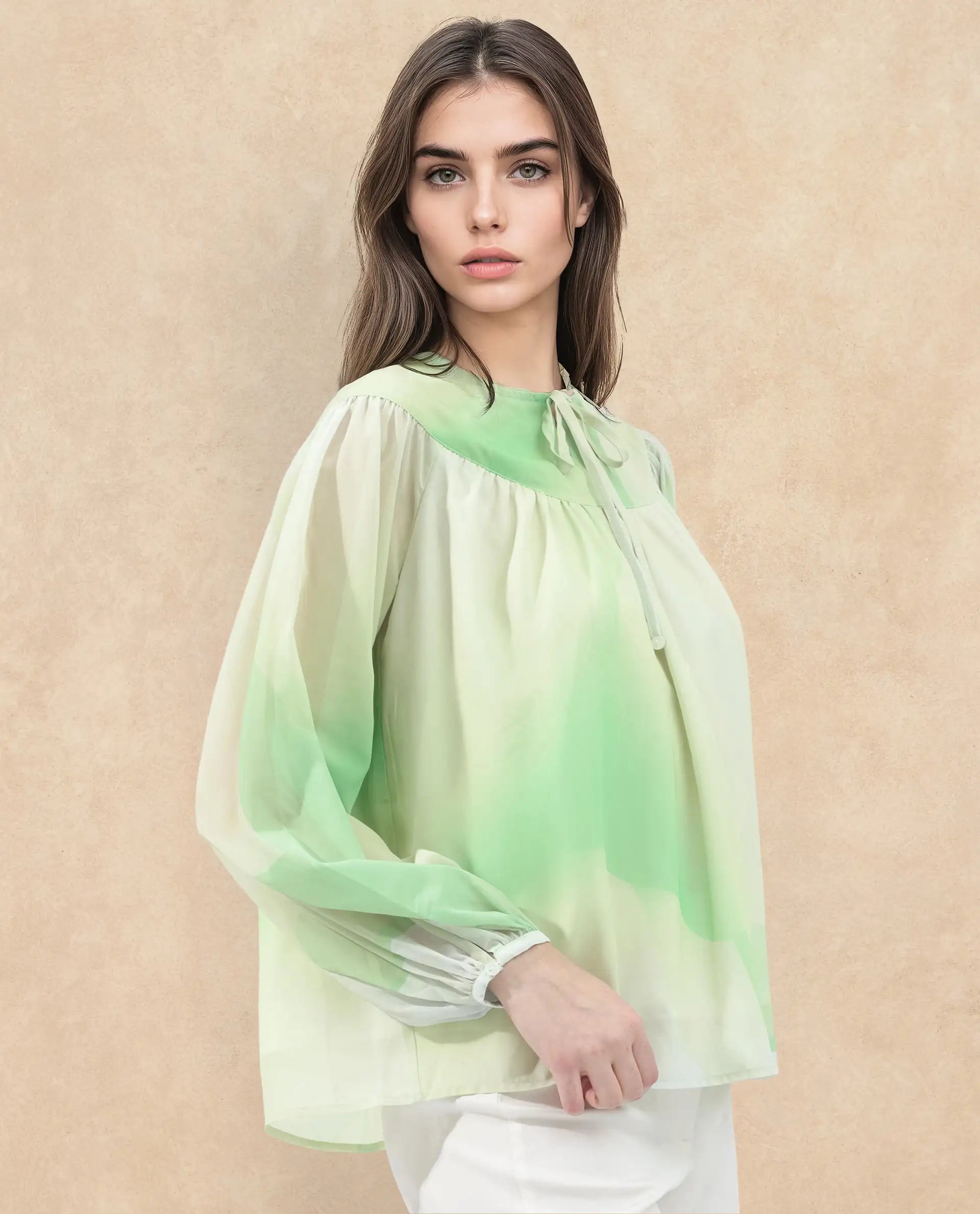 Rareism Women Alic-SC Green Polyester Fabric Full Sleeve Round Neck Top