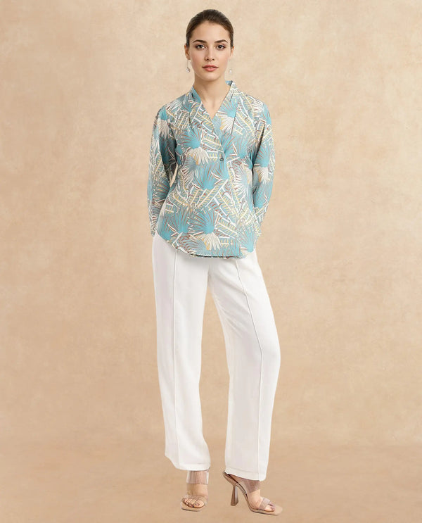 Rareism Women Alici Blue Bishop Sleeve Over Lap Neck Abstract Print Top