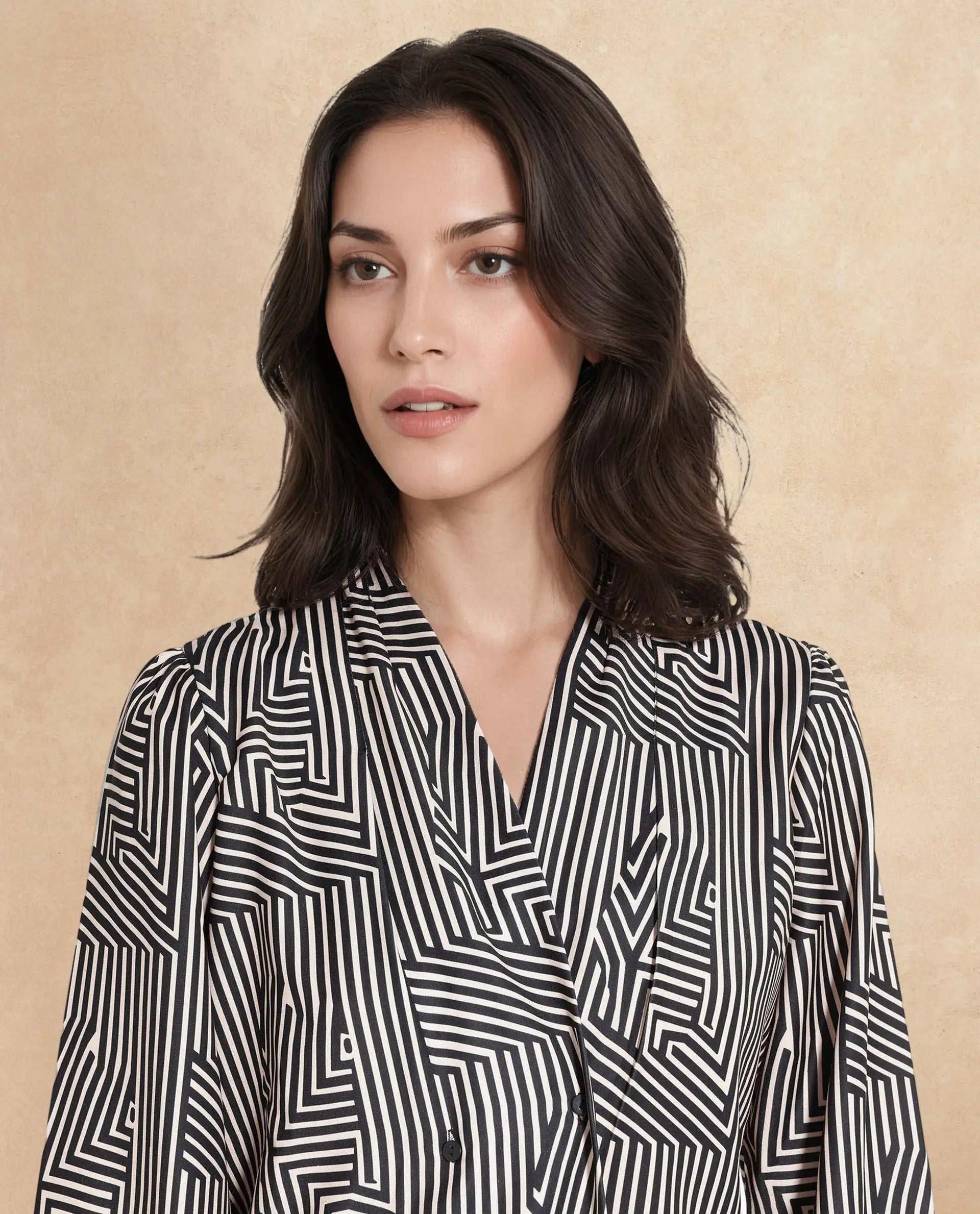 Rareism Women Alie-SC Black Bishop Sleeve Over Lap Neck Geometric Print Top