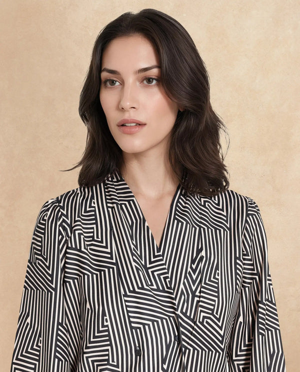 Rareism Women Alie-SC Black Bishop Sleeve Over Lap Neck Geometric Print Top