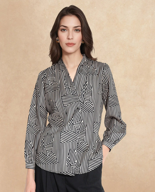 Rareism Women Alie-SC Black Bishop Sleeve Over Lap Neck Geometric Print Top