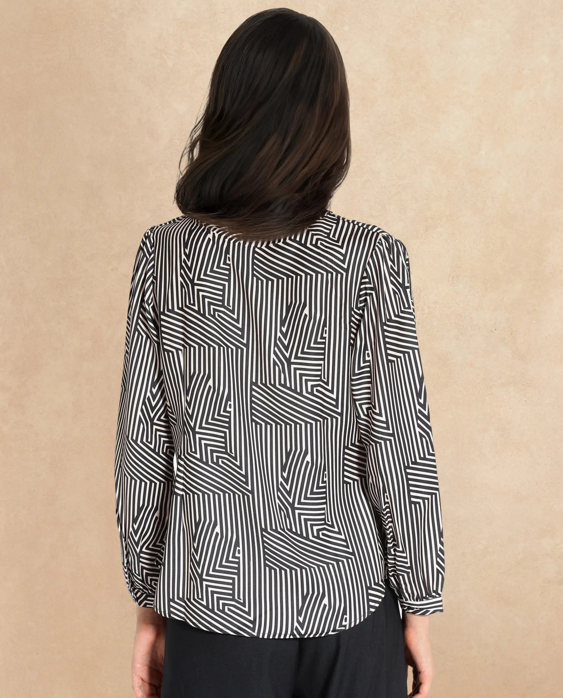 Rareism Women Alie-SC Black Bishop Sleeve Over Lap Neck Geometric Print Top