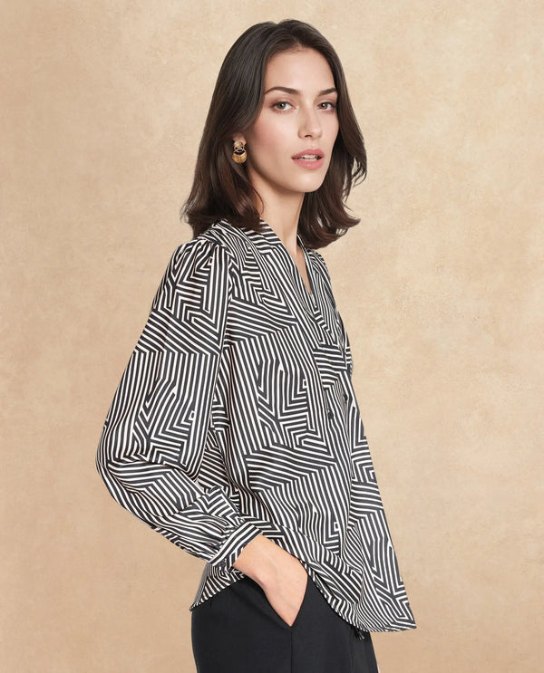 Rareism Women Alie-SC Black Bishop Sleeve Over Lap Neck Geometric Print Top