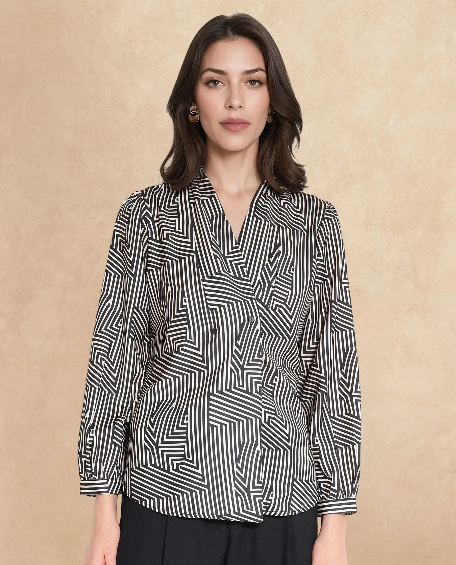 Rareism Women Alie-SC Black Bishop Sleeve Over Lap Neck Geometric Print Top