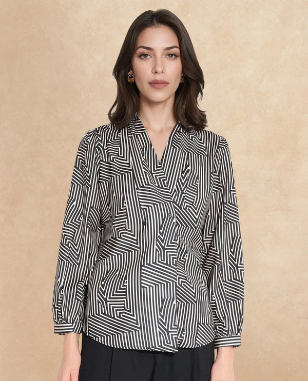 Rareism Women Alie-SC Black Bishop Sleeve Over Lap Neck Geometric Print Top