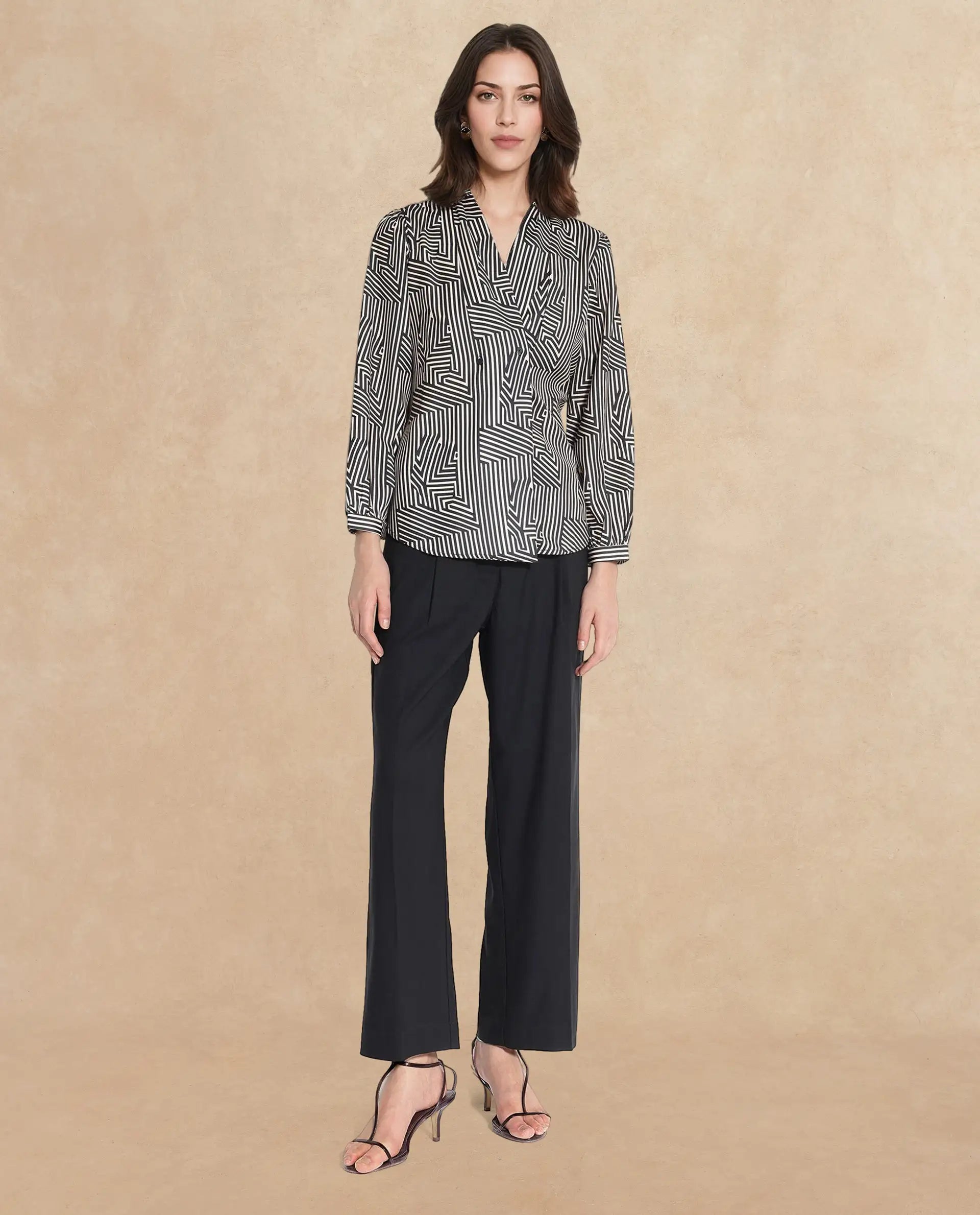 Rareism Women Alie-SC Black Bishop Sleeve Over Lap Neck Geometric Print Top