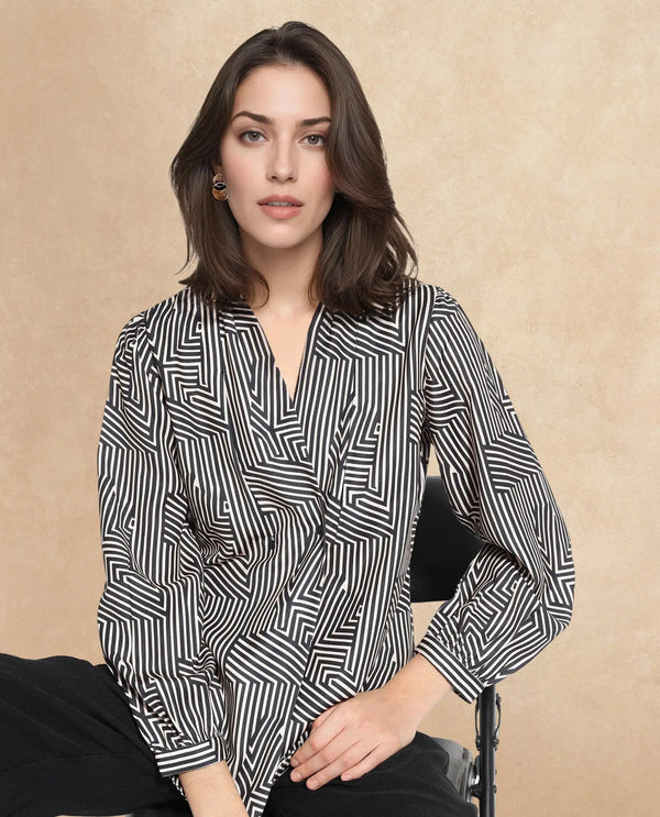 Rareism Women Alie-SC Black Bishop Sleeve Over Lap Neck Geometric Print Top