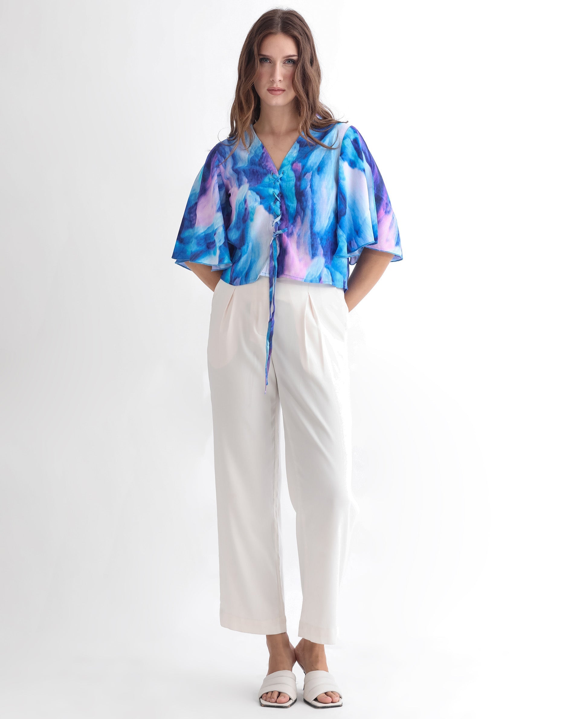 Rareism Women Eltop Blue Polyester Fabric Short Sleeves Drawstring Closure V-Neck Flared Sleeve Relaxed Fit Abstract Print Cropped Top