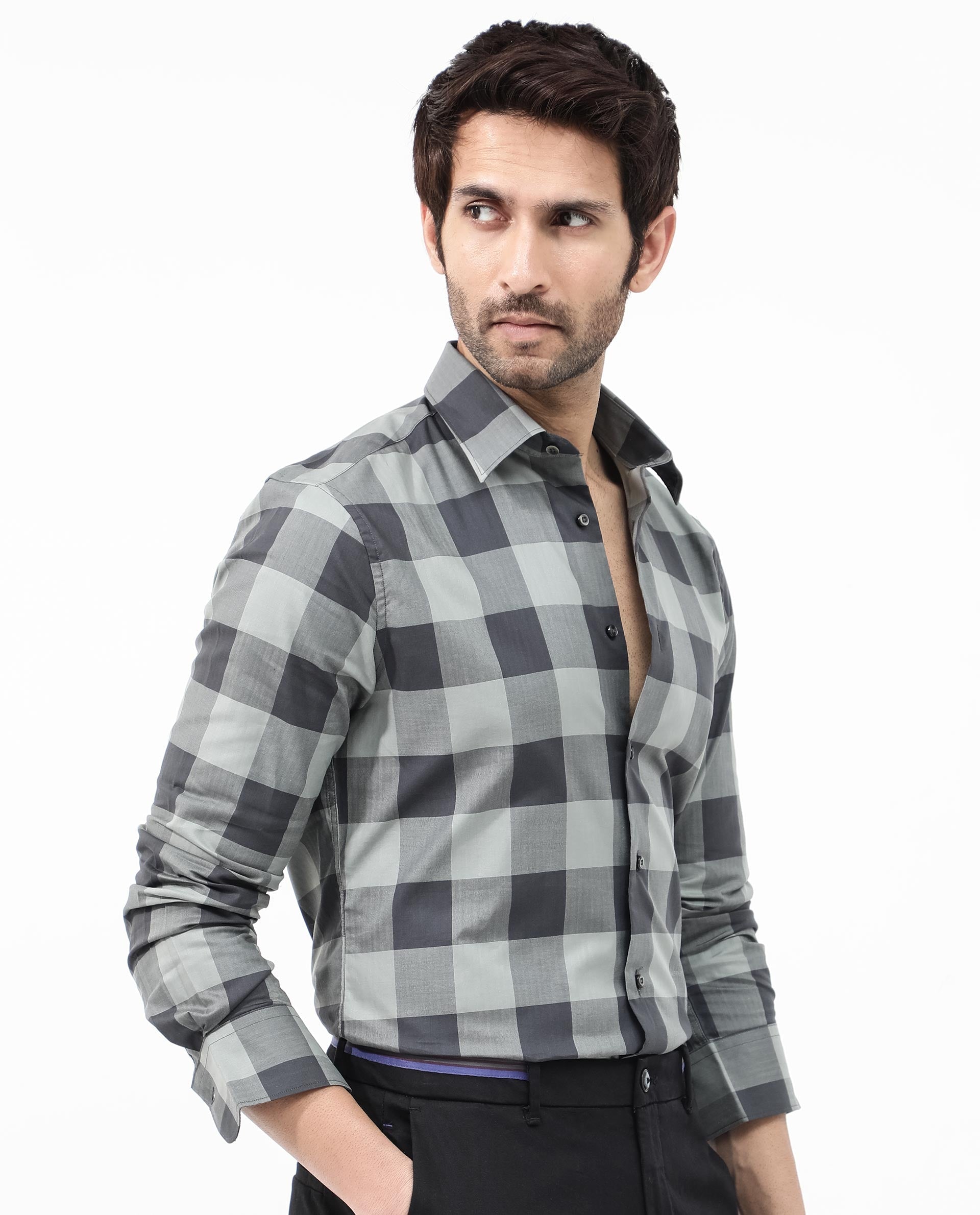 Rare Rabbit Mens Amos Grey Cotton Fabric Full Sleeve Regular Fit Checks Shirt