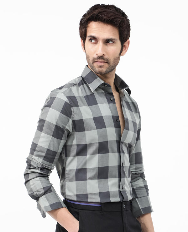 Rare Rabbit Mens Amos Grey Cotton Fabric Full Sleeve Regular Fit Checks Shirt