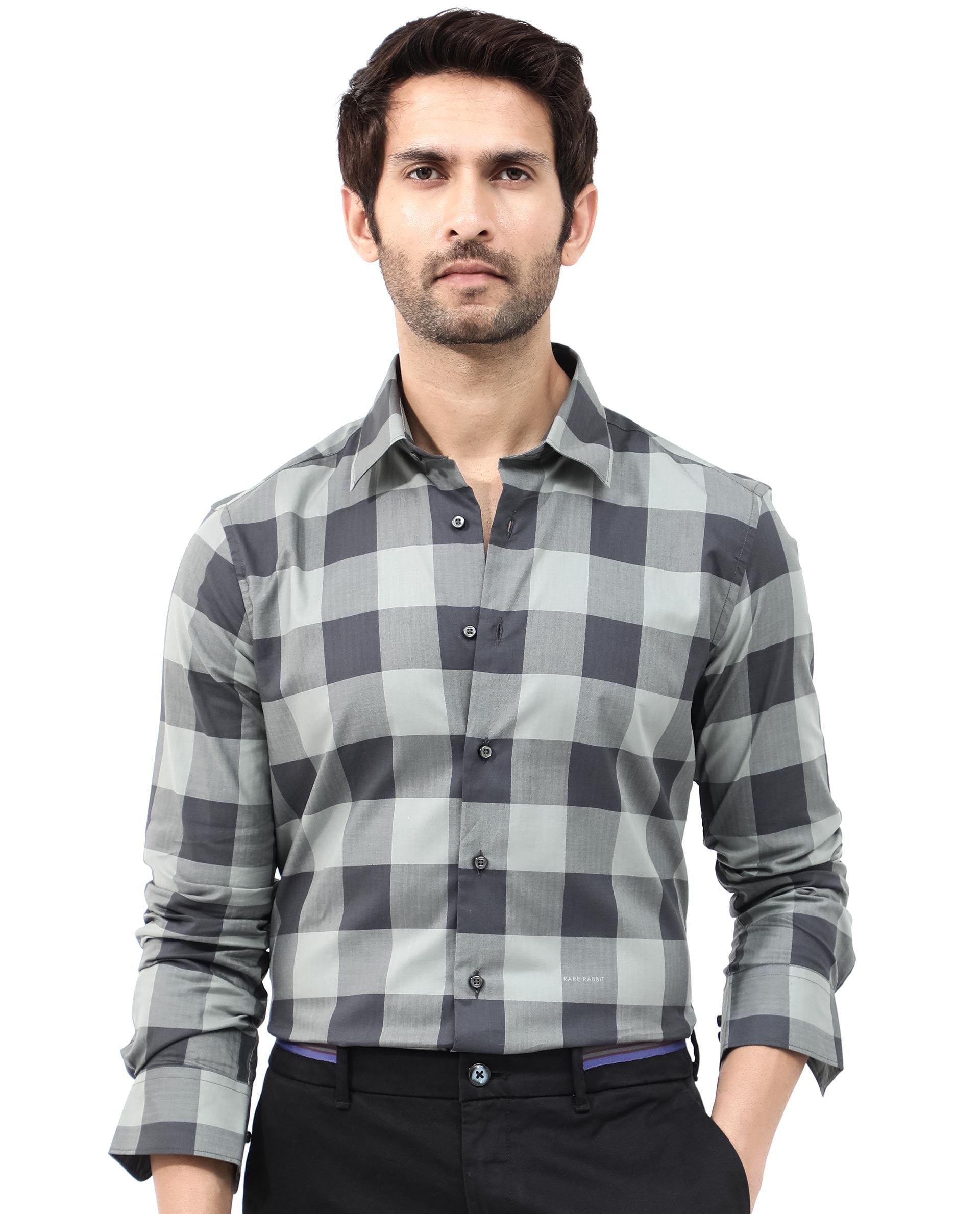 Rare Rabbit Mens Amos Grey Cotton Fabric Full Sleeve Regular Fit Checks Shirt