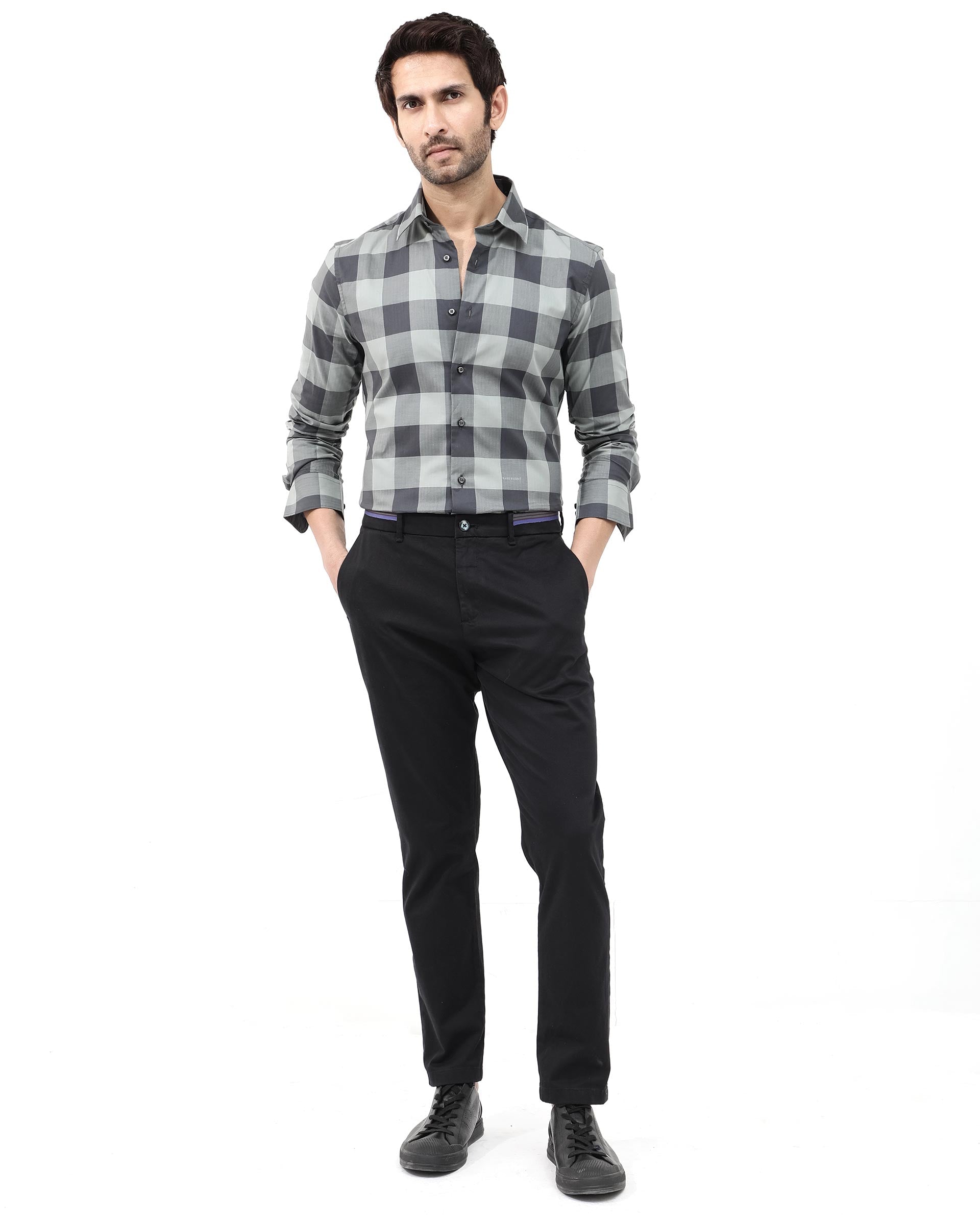 Rare Rabbit Mens Amos Grey Cotton Fabric Full Sleeve Regular Fit Checks Shirt