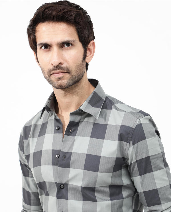 Rare Rabbit Mens Amos Grey Cotton Fabric Full Sleeve Regular Fit Checks Shirt