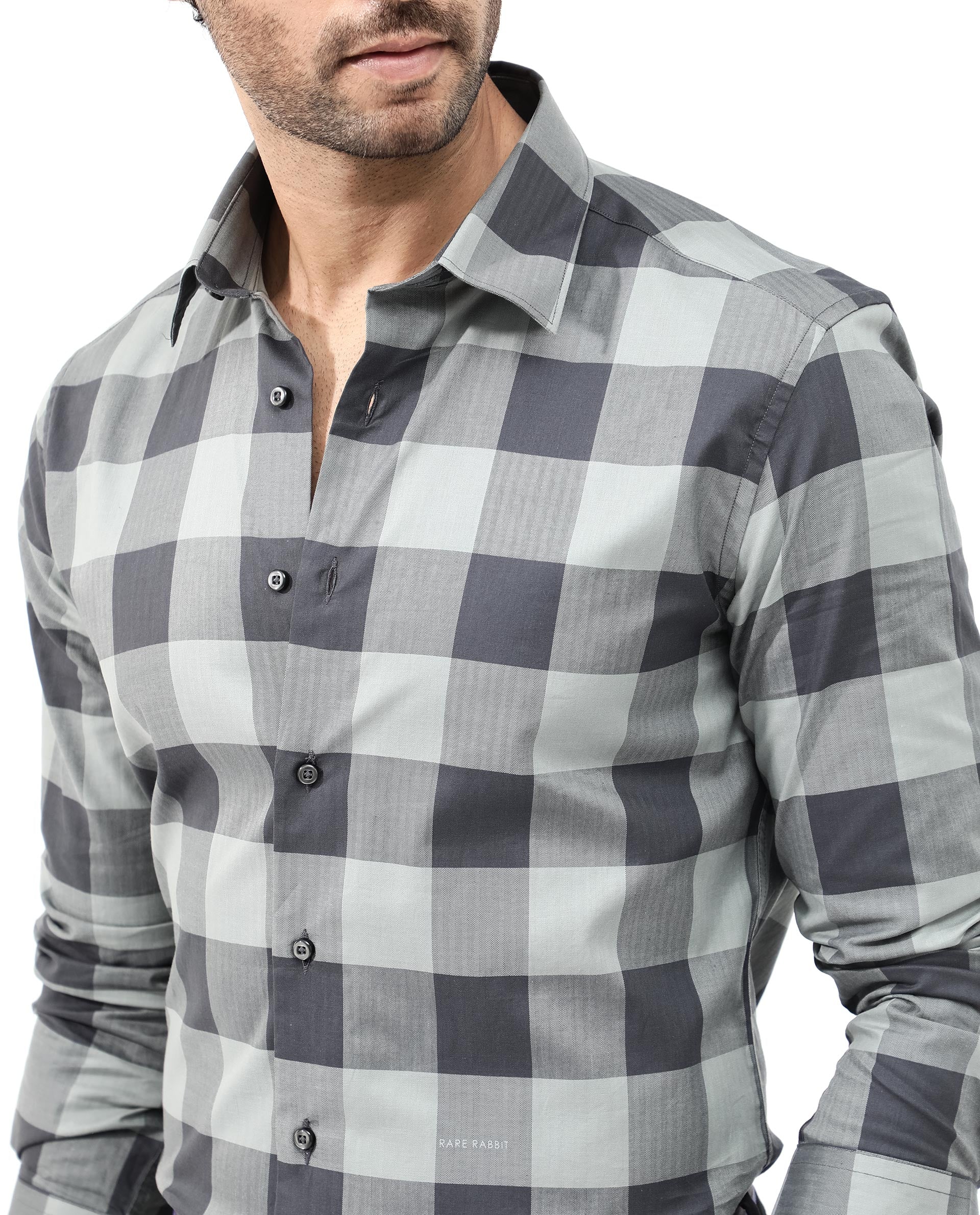 Rare Rabbit Mens Amos Grey Cotton Fabric Full Sleeve Regular Fit Checks Shirt