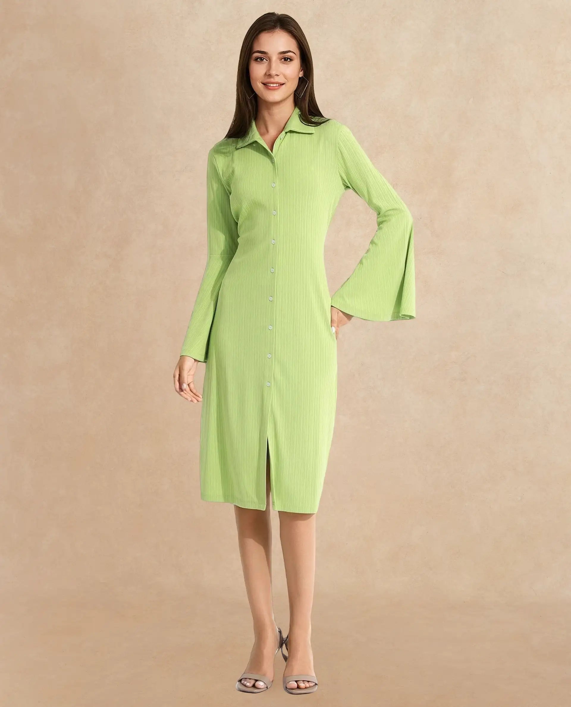 Rareism Women's Aqua Flouroscent Green  Spread Collar Button Closure Bell Sleeve Plain A-Line Knee Length Dress