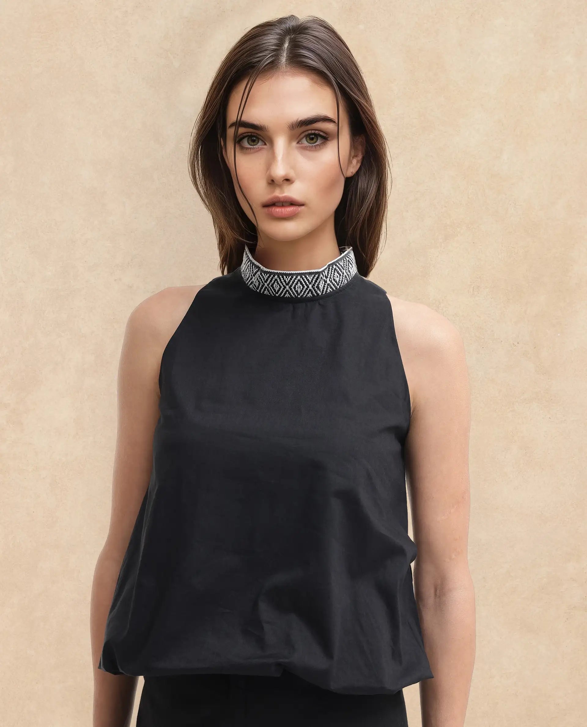 Rareism Women Arezzo-T Black Button Closure Sleeveless Mandarin Collar Balloon Fit Plain Top